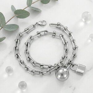 Chunky Link Padlock Ball Charm Bracelet White Gold Plated Stainless Steel